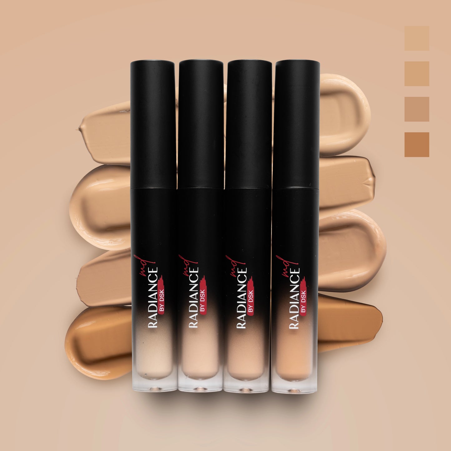 Four black Radiance makeup products with color swatches on a beige background