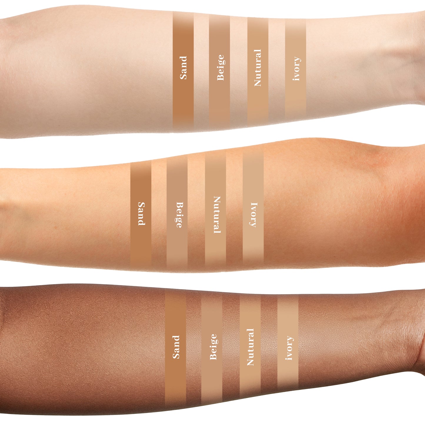 Three arms with different skin tones and color swatches labeled from 'Sand' to 'Ivory'.