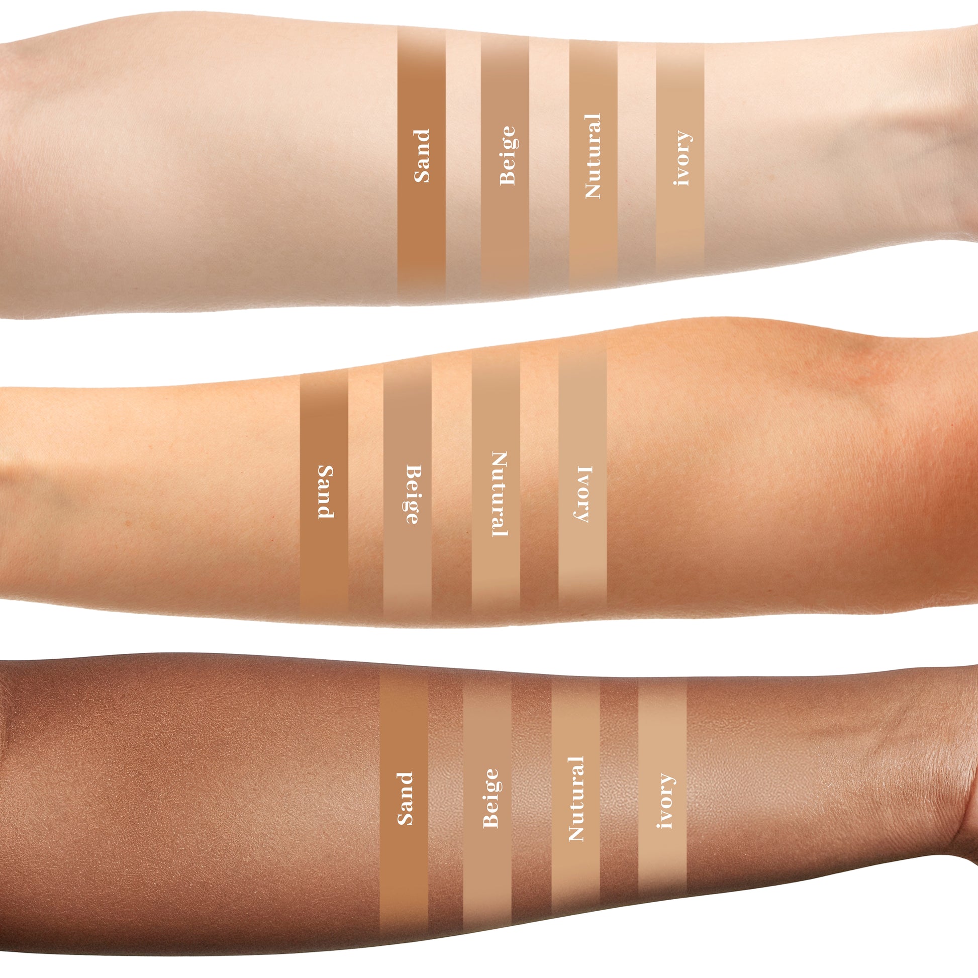 Three arms with different skin tones and color swatches labeled from 'Sand' to 'Ivory'.