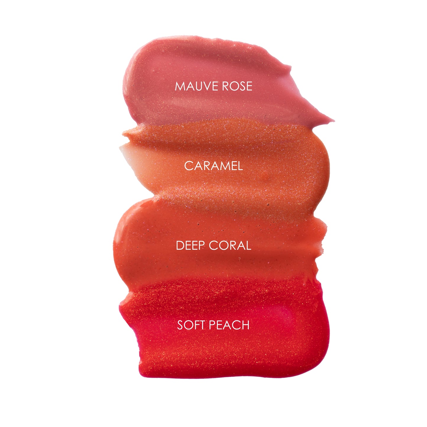 Lipstick swatches in mauve rose, caramel, deep coral, and soft peach on a white background.