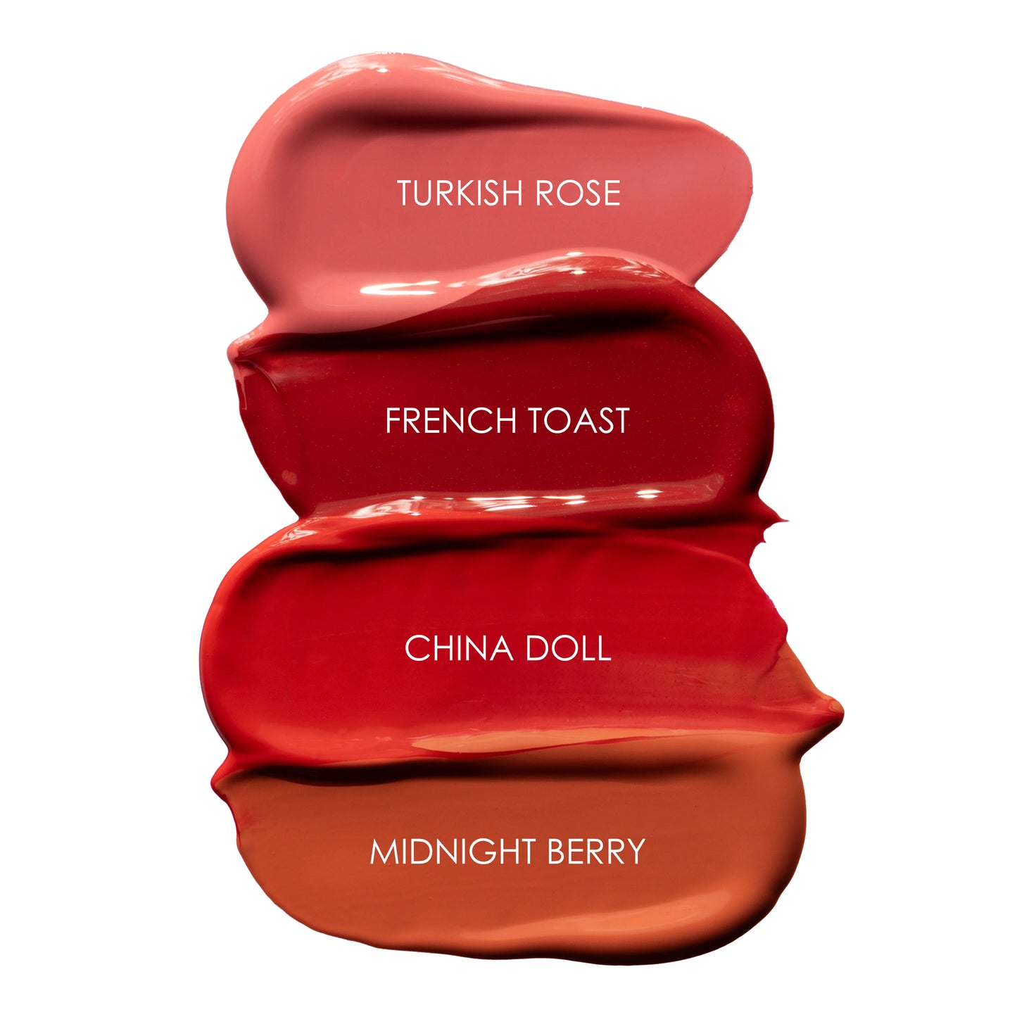 Stack of four different shades of red lipstick labeled 'Turkish Rose', 'French Toast', 'China Doll', and 'Midnight Berry' on a white background.