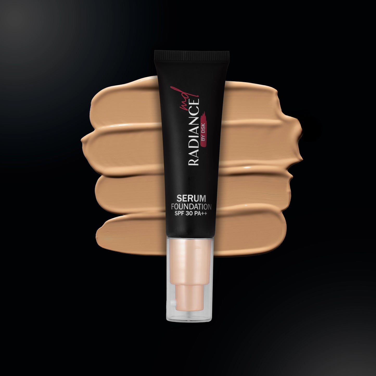 Radiance Serum Foundation tube with swatches on a black background