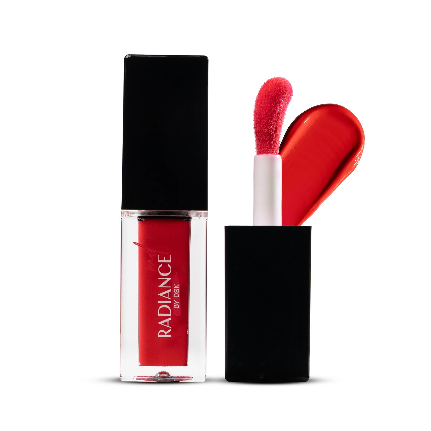 Red lip gloss with applicator and black cap on a white background