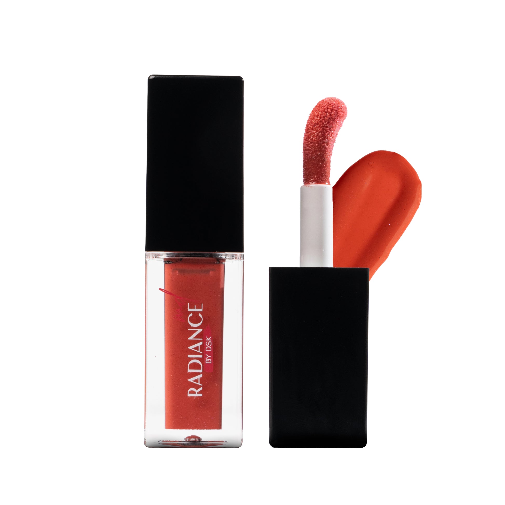 Lip gloss with applicator and black case on a white background