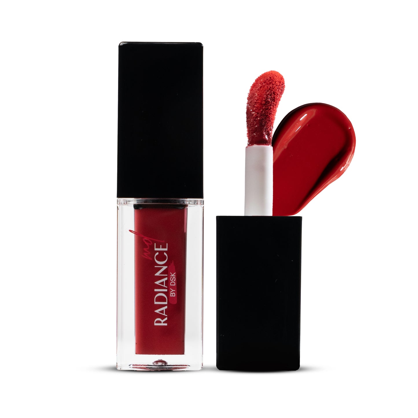 Red lip gloss with applicator and 'Radiance' branding on a white background