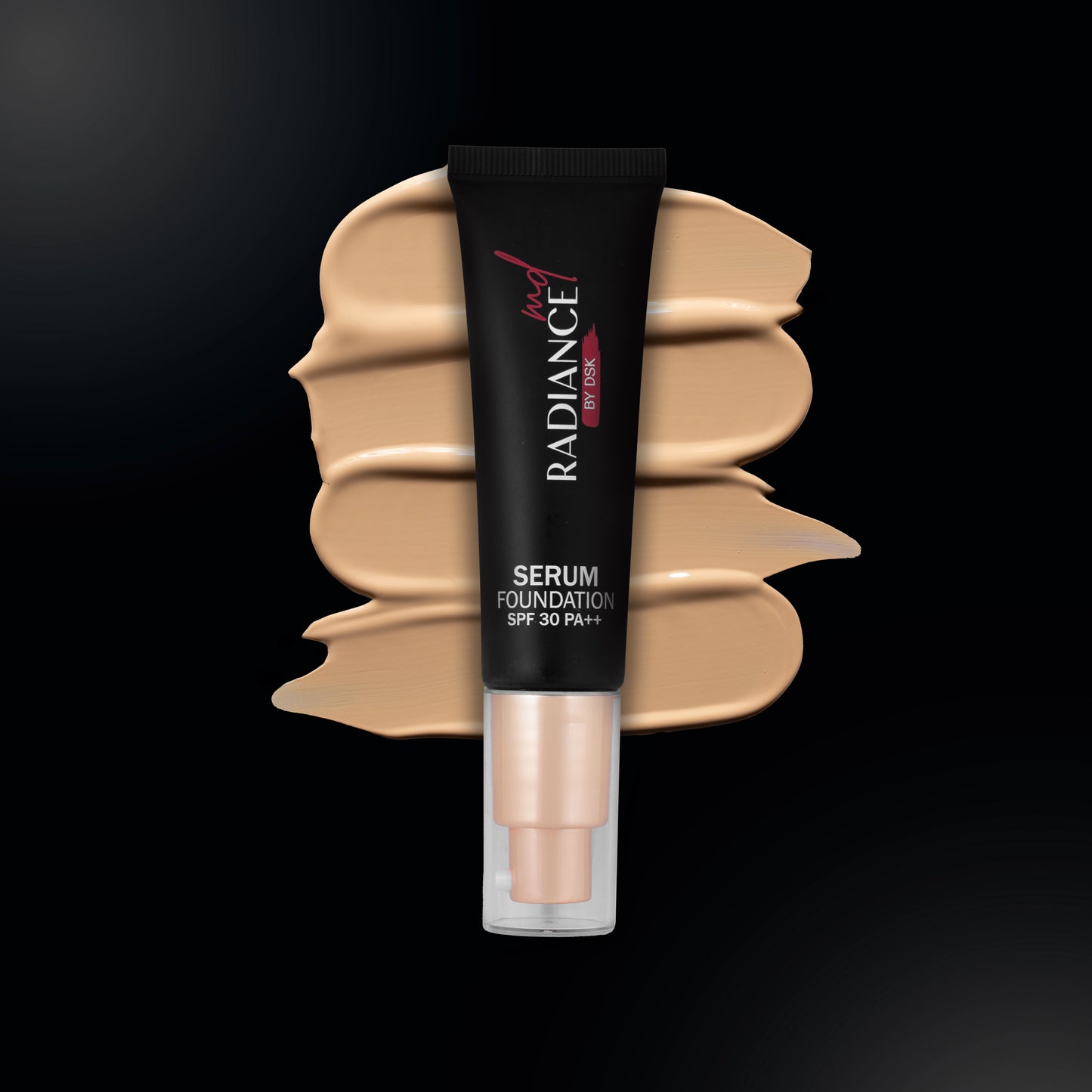 Radiance Serum Foundation tube with a swatch on a black background