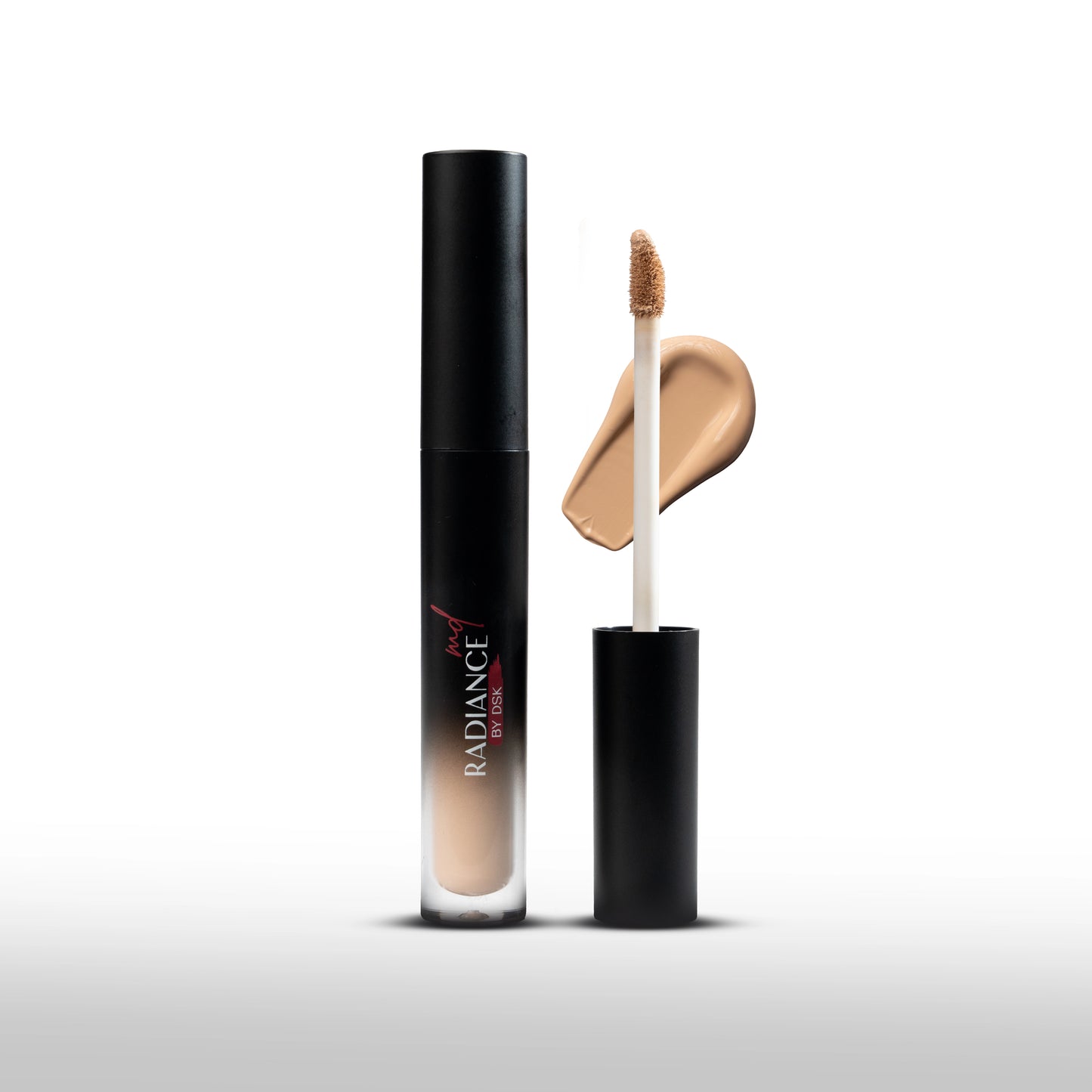 Concealer with applicator and product container on a white background