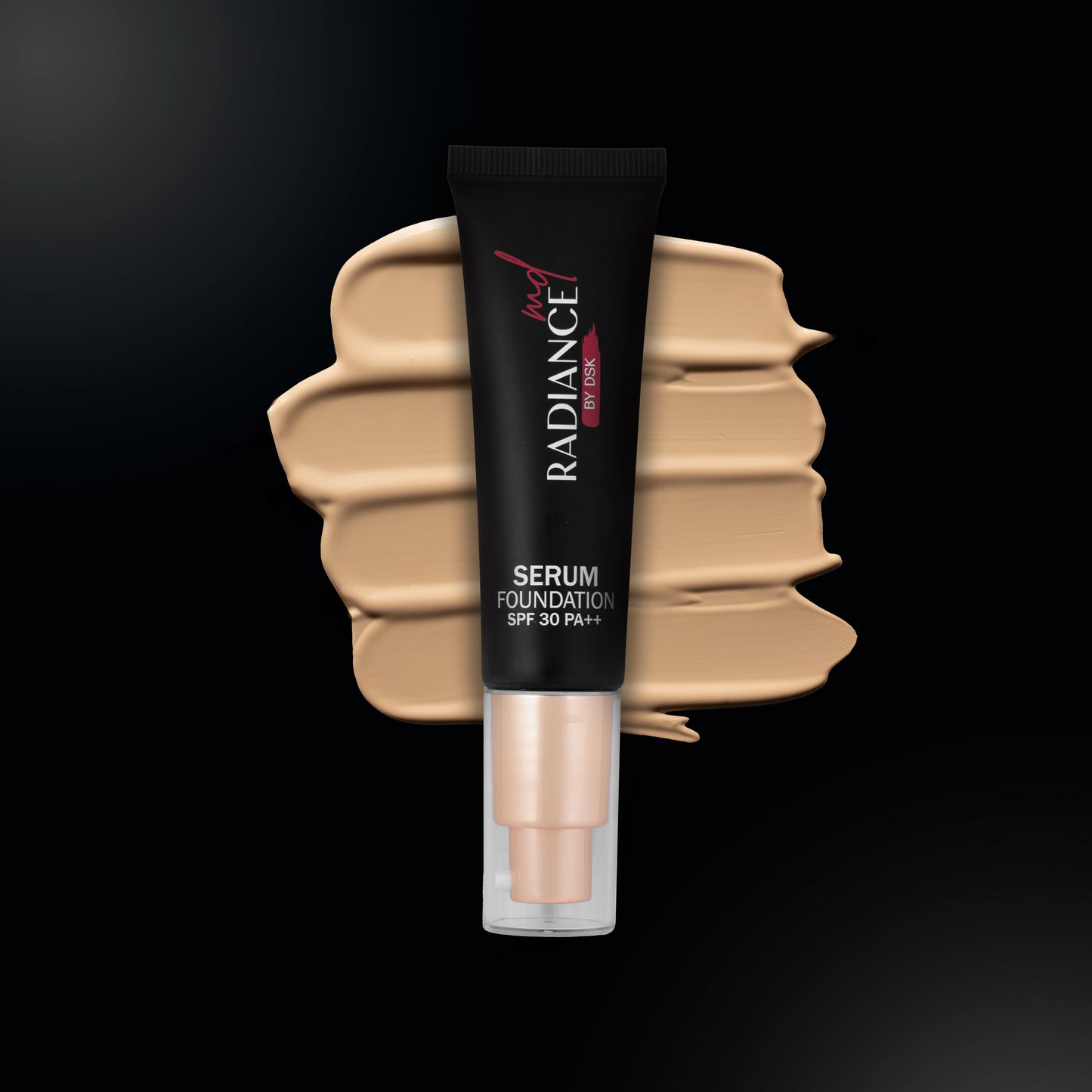 Radiance Serum Foundation tube with foundation swatch on a black background