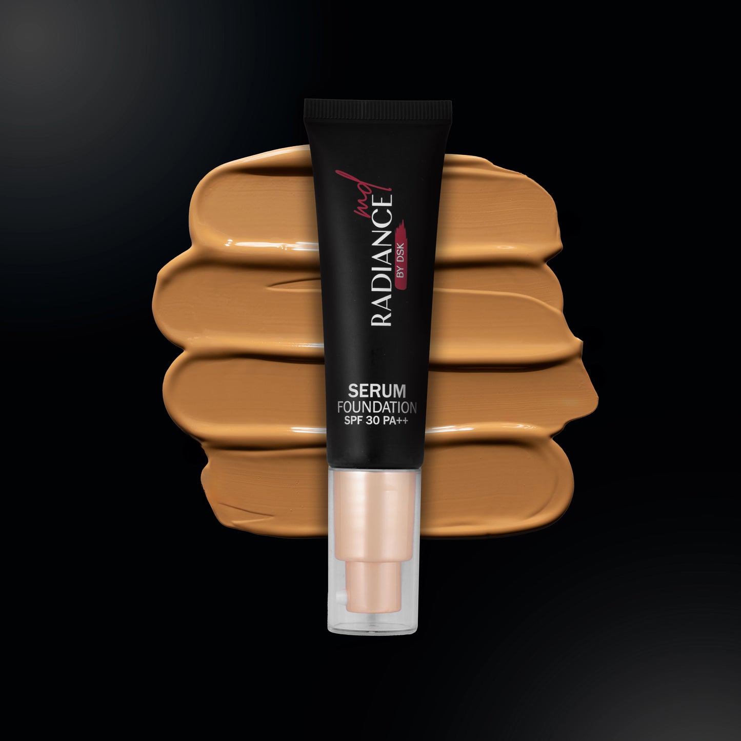 Radiance Serum Foundation tube with swatches on a black background