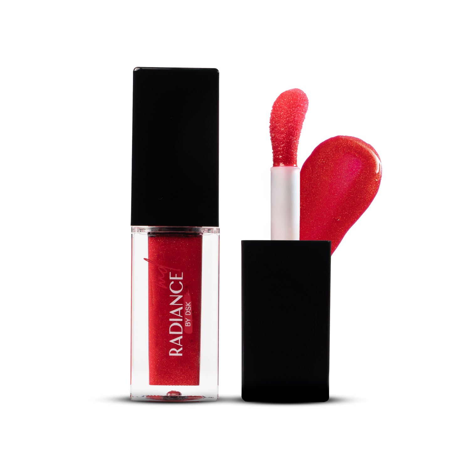Red lip gloss with applicator and black packaging on a white background
