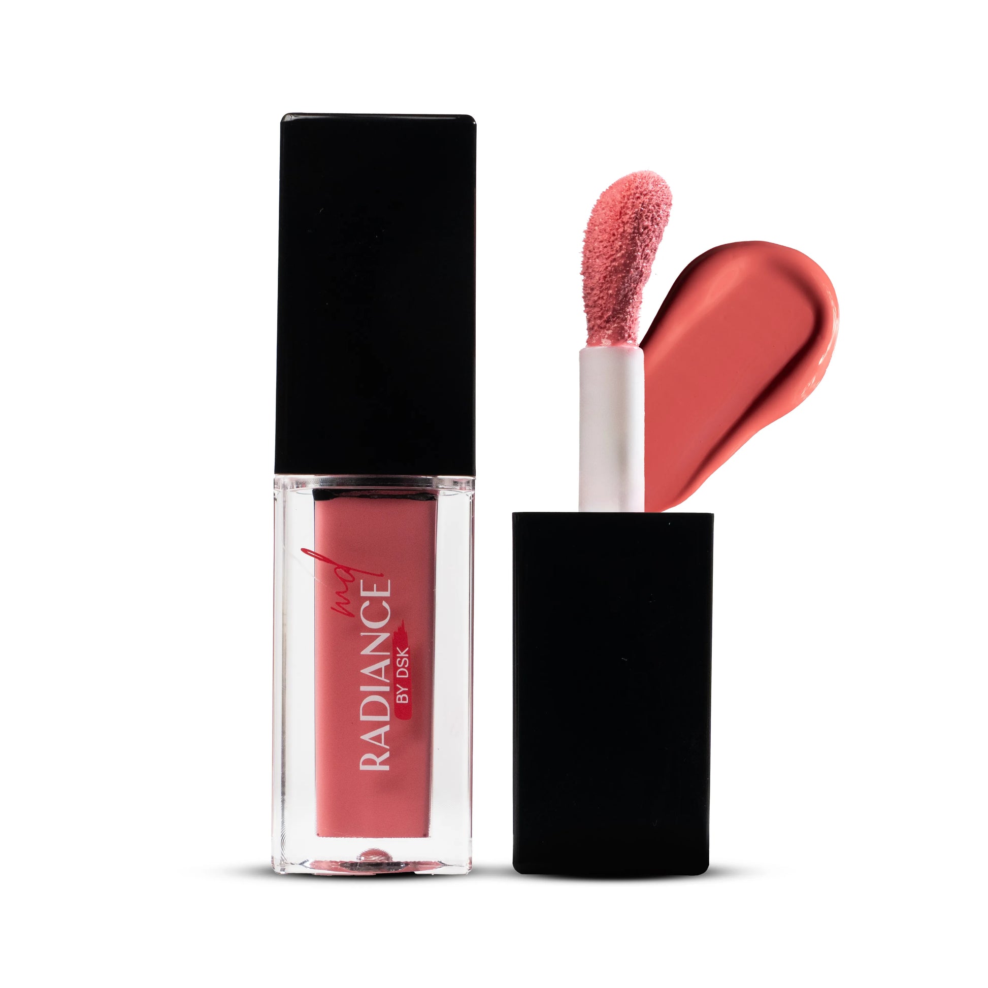 Lipstick with applicator and black case on a white background